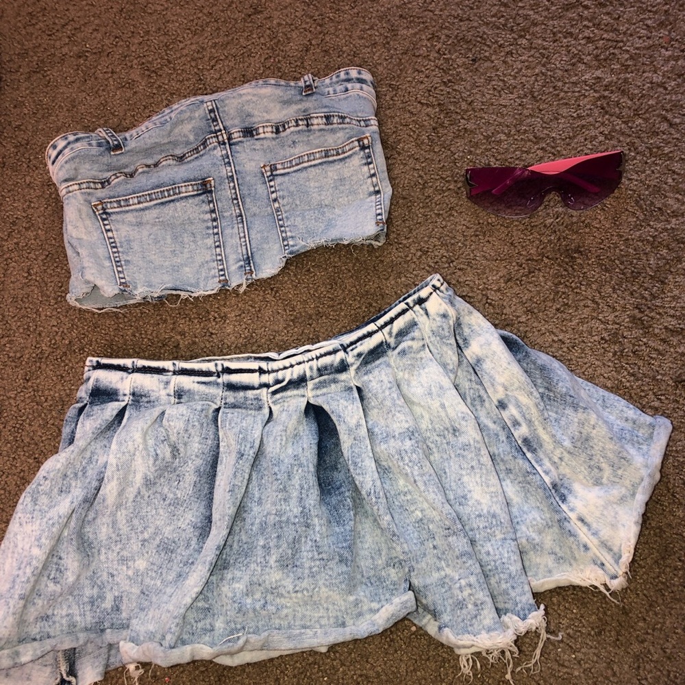 Two piece denim skirt set